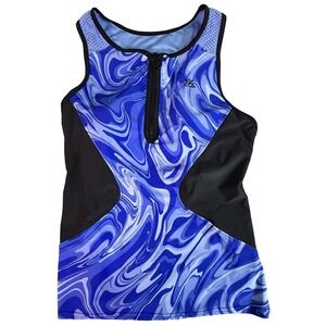 Zero X Posur Women's Swimwear Tankini Top Blue Swirl Zip Front Built In Bra M 10